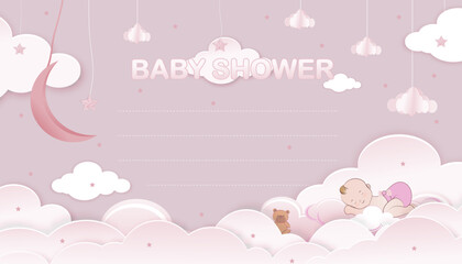 Baby shower invitation on pink background greeting card for Baby girl.Paper art abstract origami clouds,crescent moon,stars on pink sky,Cute paper cut for new born celebration and copy space for text