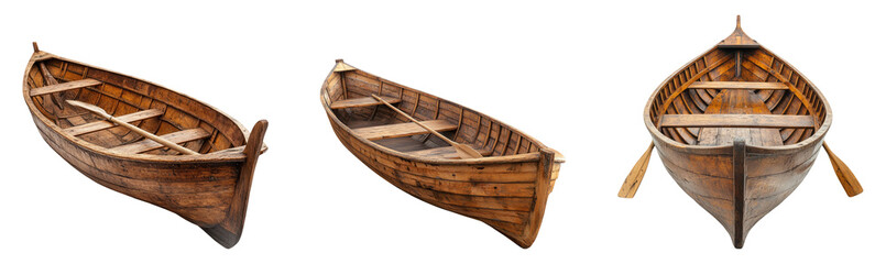 Three wooden boats isolated on a transparent background showcasing their design