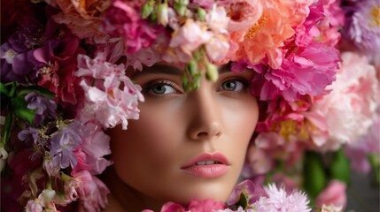 Fototapeta premium Flower headdress adorns model’s face in vibrant floral portrait at outdoor location in springtime