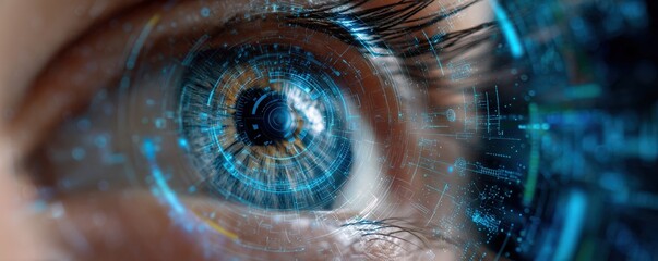 A close-up of a human eye with digital, futuristic blue holographic elements overlaying the iris, symbolizing technology and innovation.