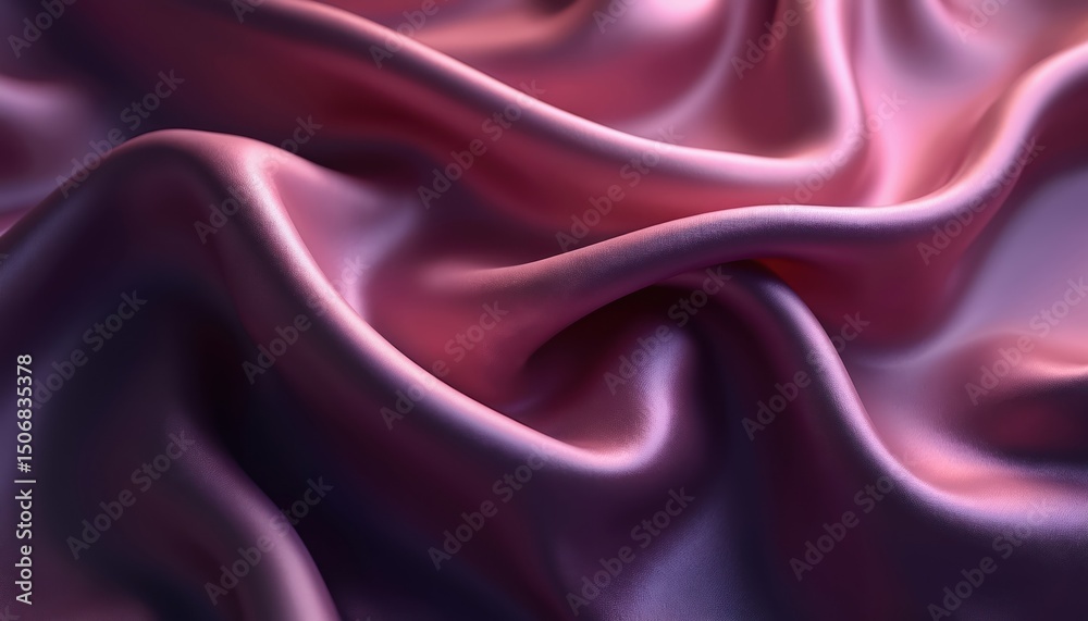 Poster abstract illustration features flowing silk satin fabric in purple magenta colours. smooth, soft, sh