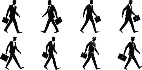 Businessperson walking silhouette set. Bundle of business figure vector on transparent background