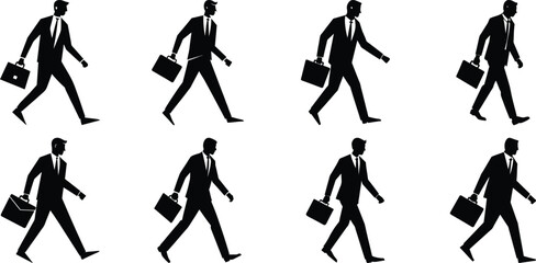 Businessperson walking silhouette set. Bundle of business figure vector on transparent background