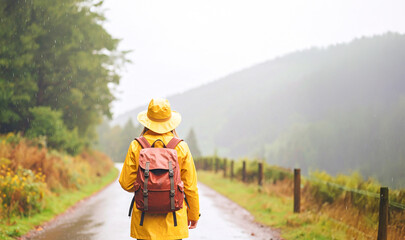 Fototapeta premium back of a woman with a yellow rain jacket with rain hat walking on a path 