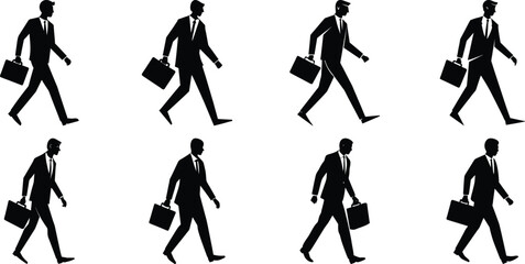 Businessperson walking silhouette set. Bundle of business figure vector on transparent background