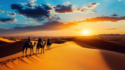 Majestic Sunset Camel Caravan Across the Golden Sahara Desert Dunes