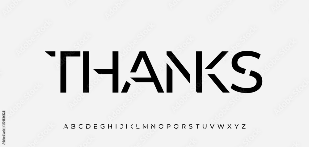 Aufkleber Futuristic geometric font spelling thanks in scifi minimal style. Bold abstract lettering with sharp techno forms. Perfect for cyberpunk posters, tech branding, digital art, logo. Vector illustration
