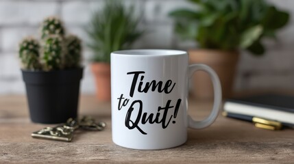 A white mug with "Time to Quit!" text sits on a wooden table with plants, keys, and a notebook in the background.