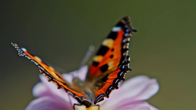 A tortoiseshell butterfly resting on a flower, captured in macro. The vivid orange, black, and blue patterns on its wings are sharply detailed, set against the soft textures of the blossom.