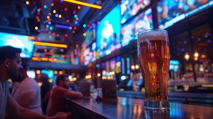 Evening relaxation at a lively bar featuring colorful lights and screens displaying sports events