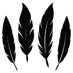 Four Artistic Feather Silhouettes in Black Against White Background, Elegant and Decorative Element