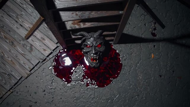 Demonic mask lying in blood under wooden ladder