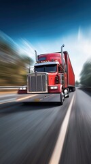 Red Big Rig Truck Speeding on Highway, Motion Blurred Landscape