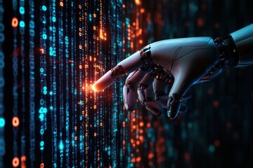 Robotic Hand Interacting with Digital Binary Code Stream Futuristic Technology Concept