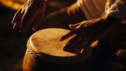 Person Playing Drum with Hands in Warm Light