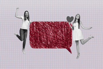 3d sketch image full collage of happy girl guy stand bubble communication scribble icon speech...