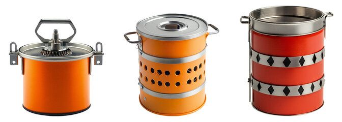 Three distinct cooking pots in vibrant colors on a transparent background