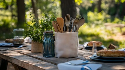 Fabric utensil holder at a rustic picnic setup
