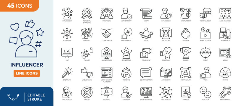 Influencer con set. Containing celebrity, influence, follower, social media, promotion, passion, content, community, marketing, and more. Outline Icon Collection. Editable stroke. Vector illustration	