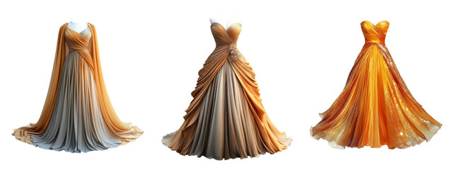 Elegant Dresses in Shades of Gold and Orange on Transparent Background