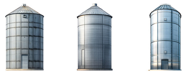 Three isolated metallic silos on a transparent background showcasing structure