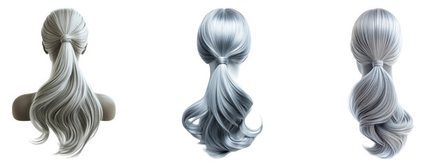 Realistic digital hair models in various ponytail styles on transparency