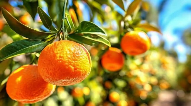 Close-up of a mandarin on a branch in a tangerine garden.