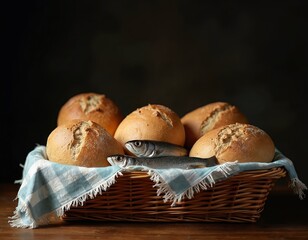 Close-up photo of five loaves of bread and two fish in a wicker basket on a wooden table. Christian religious symbol of miracle, Bible story, sacred meal, ancient biblical times.
