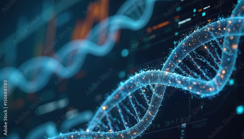 Aufkleber Illustration of genetic research with data and DNA visualization. Complex genetic sequencing data displayed on computer screen with visual DNA representation. Science, tech and medical innovation.