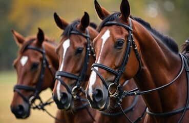 Obraz premium Line of polo ponies ready for action. Equine athletes in sports competition. Brown horses with black bridle. Close up view of heads. Polo match game. Equestrian sport.