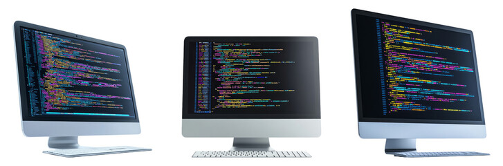 Three modern desktop computers displaying colorful code on screens