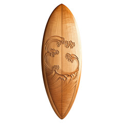 Carved Wooden Surfboard on Transparent Background for Visual Design
