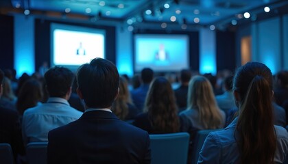 Audience at seminar meeting with large screen. Business education concept. Corporate workers, employees training. Speaker presents report, discussing strategy. Business and marketing training.