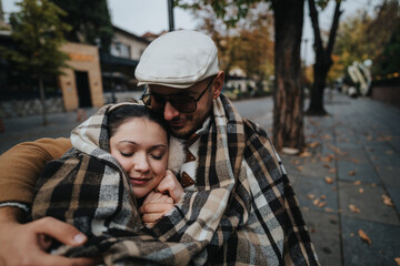 Fototapeta premium A loving couple wrapped in a plaid blanket share a warm embrace outdoors on a chilly day. The scene is set with fallen leaves and an urban backdrop, capturing a moment of togetherness.