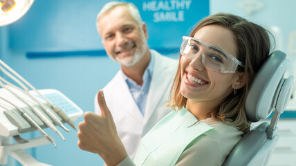 Fototapeta premium Happy Female Patient Giving Thumbs Up at Dentist Appointment
