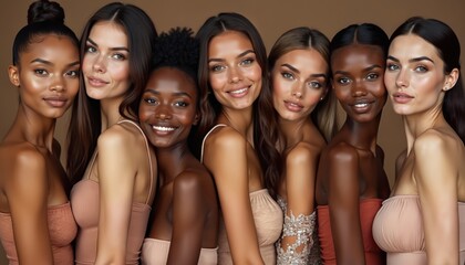 Obraz premium Diverse group of beautiful women. Natural skin tones, smooth skin, portrait of female fashion models of different ethnicities, styles. Studio shot with neutral background. Generative AI illustration.