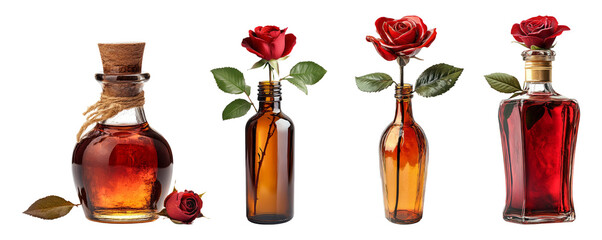 Isolated glass bottles with roses on a transparent background for design