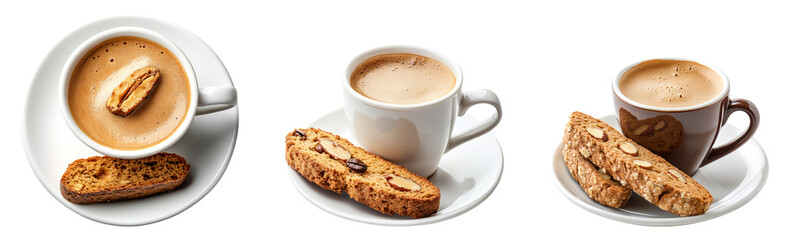 Isolated coffee cups with biscotti on a transparent background