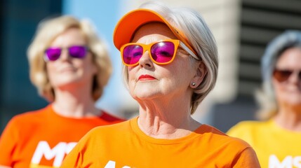 Group of individuals engaged in MS awareness campaign wearing vibrant orange shirts and colorful sunglasses