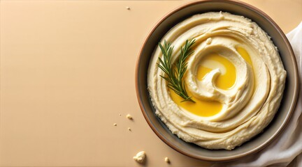 creamy hummus dip with rosemary and olive oil