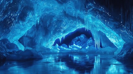 Glowing Blue Neon Lights in an Ice Cave with Stunning Crystal Formations