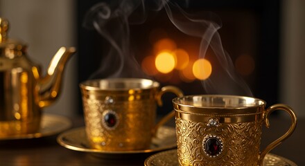 Golden Teapot and Tea Cup Near Fireplace