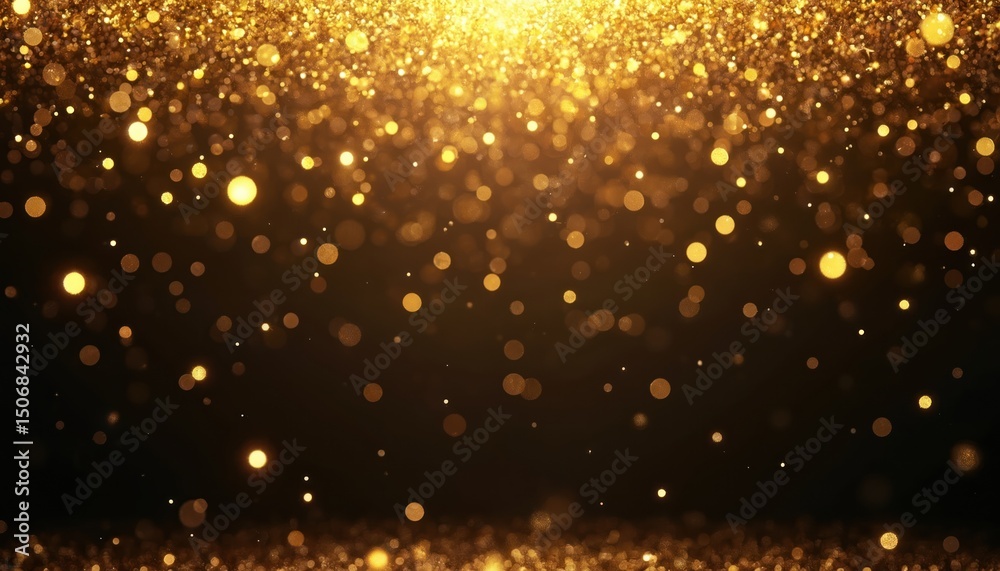 Poster golden glitter falling against dark background. sparkling, shiny gold particles in air create festiv