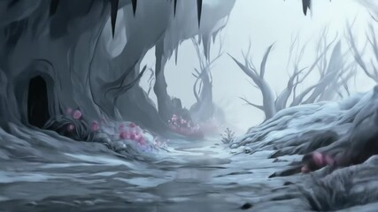 Enchanted Cave with Bioluminescent Fungi and Icy Formations - Powered by Adobe