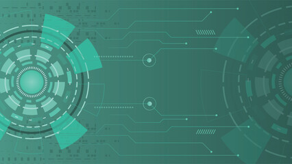 Futuristic digital tech background showing circular interface elements and connected circuit lines in green