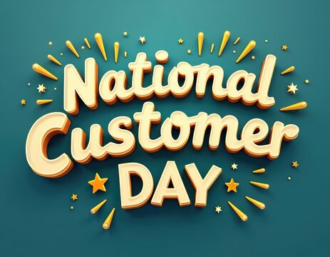 National Customer Day greeting card. Celebration clients satisfaction. Gold stars, bright text. Business holiday concept, service recognition, appreciation, loyalty, gratitude, acknowledgement.