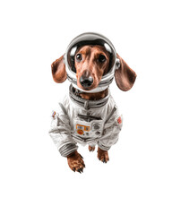 Dachshund in cyber astronaut suit is floating in playful pose, showcasing whimsical and adventurous spirit. This charming scene captures imagination and brings joy