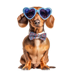Stylish dachshund wearing heart shaped sunglasses and colorful bowtie exudes charm and playfulness. This adorable dog is perfect for capturing attention and spreading joy