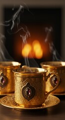Golden cup with smoke near fireplace