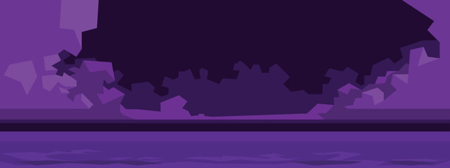 Abstract purple night landscape with forest, mountains, and reflections in flat vector style.